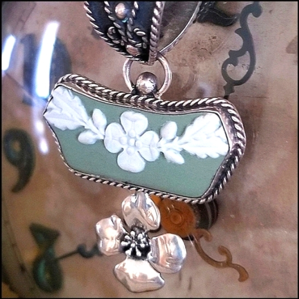 Antique Floral Jasperware Green Necklace THICK Sterling Silver Setting
